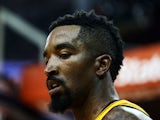 J.R. Smith #5 of the Cleveland Cavaliers reacts against the Golden State Warriors during Game Four of the 2015 NBA Finals at Quicken Loans Arena on June 11, 2015
