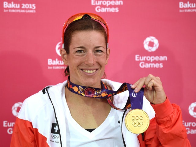 Gold medalist Nicola Spirig of Switzerland poses with her medal following the Women's Triathlon Final during day one of the Baku 2015 European Games at Bilgah Beach on June 13, 2015