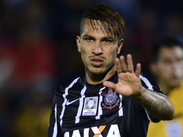Brazil's Corinthians' forward Paolo Guerrero gestures during the Libertadores Cup football match against Uruguay's Danubio in Montevideo on March 17, 2015