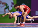 Nenad Zugaj of Croatia (blue) and Ramsin Azizsir of Germany compete in the Men's Wrestling 85kg Greco Roman bronze final during day two of the Baku 2015 European Games at Heydar Aliyev Arena on June 14, 2015