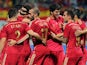 Spain's players celebrate a goal during the friendly football match Spain vs Costa Rica at the Reino de Leon stadium in Leon on June 11, 2015