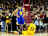 Stephen Curry of the Golden State Warriors and Cleveland Cavaliers' LeBron James during game three of the NBA Finals on June 9, 2015