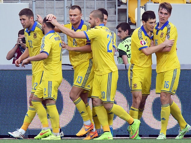 Ukraine's players celebrate scoring a goal during the UEFA Euro 2016 qualifying Group C football match between Ukraine and Luxembourg in Lviv on June 14, 2015