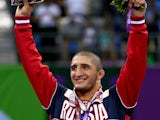 Gold medalist Abdulrashid Sadulaev of Russia stands on the podium during the medal ceremony for the Men's Wrestling 86kg freestyle on day six of the Baku 2015 European Games at the Heydar Aliyev Arena on June 18, 2015