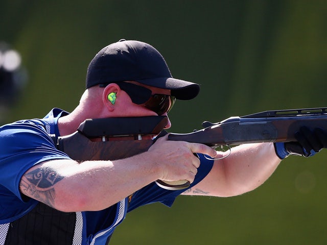 Andreas Loew of Germany shoots in the Men's Double Trap Shooting final during day seven of the Baku 2015 European Games at the Baku Shooting Centre on June 19, 2015