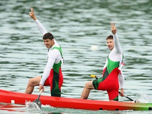 Andrei Bahdanovich and Aliaksandr Bahdanovich of Belarus celebrate after winning the Final Canoe Double (C2) 1000m Men during day three of the Baku 2015 European Games at Mingachevir on June 15, 2015