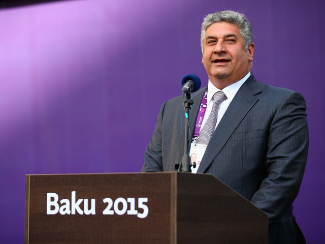 Azad Rahimov, Minister of Sports for Azebaijan talks to the athletes during the arrival of the Torch for the Athletes Welcome Ceremony in the athletes village ahead of the start of the 1st European Games on June 11, 2015 