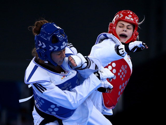 Charlie Maddock of Team GB in action during her women's -84kg quarter-final against Italy's Erica Nicoli at the European Games in Baku
