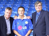 Peter Taylor, Dennis Wise and Chairman John Elsom of Leicester City after the press conference called to anounce his transfer, pictured at the Filbert St ground, Leicester on June 25, 2001