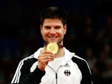 Gold medalist Dimitrij Ovtcharov of Germany stands on the podium after the Men's Table Tennis Finals during day seven of the Baku 2015 European Games at the Baku Sports Hall on June 19, 2015