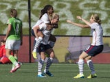 France's Elodie Thomis (L), Amandine Henry (C) and Sabrina Delannoy celebrate Henry's goal against Mexico during their 2015 FIFA Women's World Cup Group F football match at Lansdowne Stadium in Ottawa, Ontario on June 17, 2015