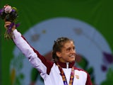 Gold medalist Emese Barka of Hungary celebrates with the medal won in the Women's Wrestling 58kg Freestyle final during day four of the Baku 2015 European Games at Heydar Aliyev Arena on June 16, 2015