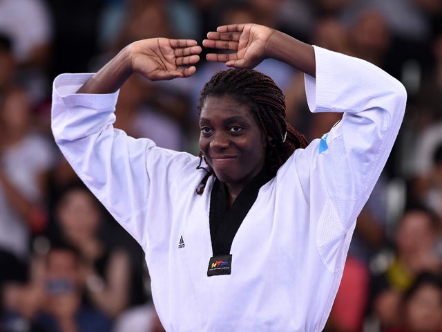 Gold medalist Gwladys Epangue of France stands on the podiumduring the medal ceremony for the Women's +67kg Taekwondo on day seven of the Baku 2015 European Games at the Crystal Hall on June 19, 2015 