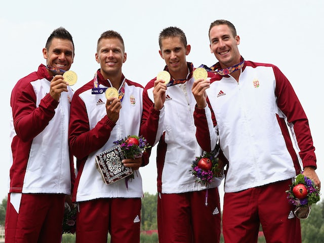Zoltan Kammerer, David Toth, Tamas Kulifai and Daniel Pauman of Hungary win Gold in the Kayak Four (K4) 1000m Men during day four of the Baku 2015 European Games at Mingachevir on June 16, 2015