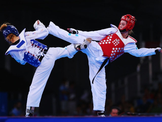 Jade Jones of Team GB in action during her preliminary fight against Despina Pilavaki of Cyprus at the European Games in Baku