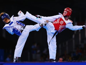 Jade Jones of Team GB in action during her preliminary fight against Despina Pilavaki of Cyprus at the European Games in Baku