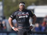 James Johnston of Saracens looks on during the Aviva Premiership match between Saracens and Leicester Tigers at Allianz Park on April 11, 2015