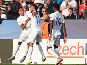 Jesse Lingard of England celebrates scoring to make it 1-0 with Nathan Redmond during the UEFA Under21 European Championship 2015 match between Sweden and England at Andruv Stadium on June 21, 2015