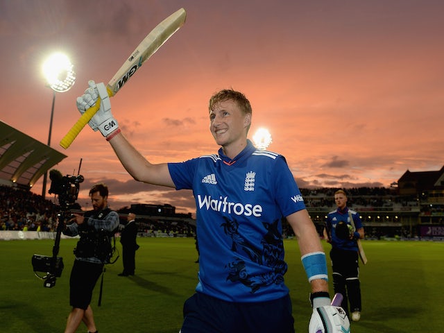 Joe Root of England celebrates winning the 4th ODI Royal London One-Day match between England and New Zealand at Trent Bridge on June 17, 2015 