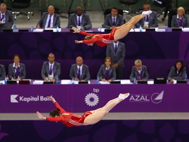 Katherine Driscoll and Laura Gallagher of Great Britain compete in the Women's Gymnastics Synchronised Trampoline Qualification during day seven of the Baku 2015 European Games at the National Gymnastics Arena on June 19, 2015