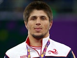 Gold medalist Magomedrasul Gazimagomedov of Russia stands on the podium during the medal ceremony for the Men's Wrestling 70kg freestyle on day six of the Baku 2015 European Games at the Heydar Aliyev Arena on June 18, 2015
