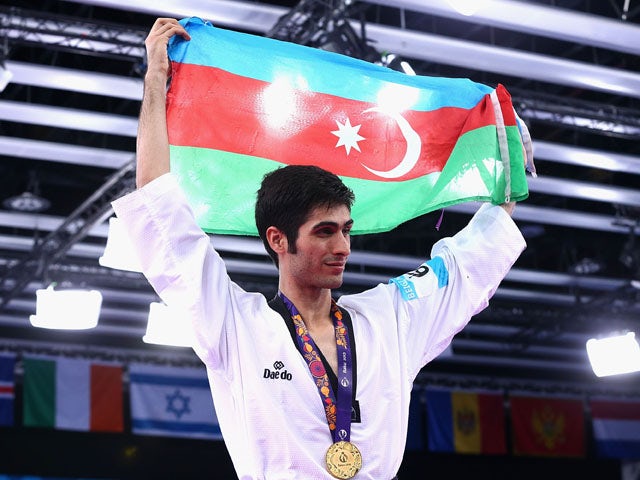 Milad Beigi Harchegani of Azerbaijan wins Gold in the Taekwondo Men 80Kg during day six of the Baku 2015 European Games at the Crystal Hall on June 18, 2015