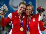 Gold medalists Nicole Eiholzer and Nina Betschart of Switzerland stand on the podium for the medal ceremony after the Women's Beach Volleyball finals during day eight of the Baku 2015 European Games at the Beach Arena on June 20, 2015 