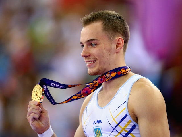 Gold medalist Oleg Verniaiev of Ukraine poses on the podium during the medal ceremony for the the Men's Vault final on day eight of the Baku 2015 European Games at the National Gymnastics Arena on June 20, 2015