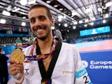 Rui Braganca of Portugal poses with his gold medal after winning the Men's Taekwondo -58kg final during day four of the Baku 2015 European Games at Crystal Hall on June 16, 2015