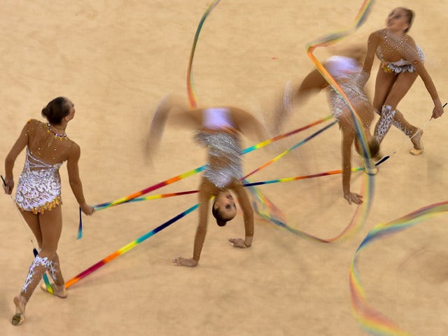 Russia's team performs in the group all-around final of the rhythmic gymnastics event at the 2015 European Games in Baku on June 17, 2015