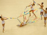 Russia compete during the Rhythmic Gymnastics Group Ribbon final on day nine of the Baku 2015 European Games at the National Gymnastics Arena on June 21, 2015