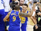 Andre Iguodala and Stephen Curry of the Golden State Warriors celebrate winning the NBA title on June 16, 2015