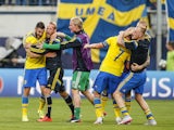 Players of Sweden celebrate after winning the UEFA Under21 European Championship between Italy and Sweden at Andruv Stadium on June 18, 2015