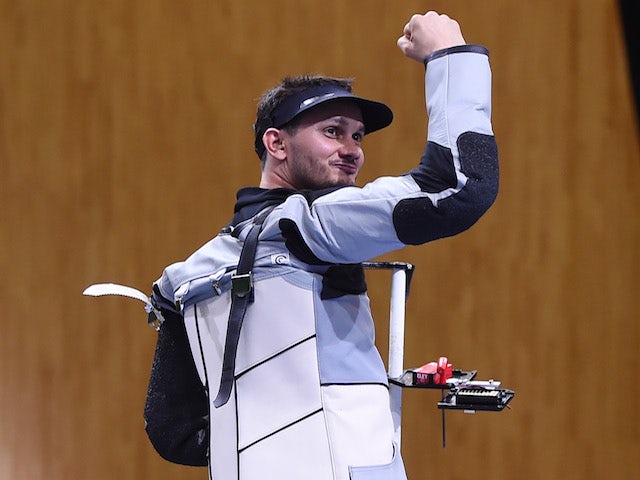 Gold medalist Valerian Sauveplane of France celebrates victory in the Men's Shooting 50m Rifle 3 Positions final on day nine of the Baku 2015 European Games at the Baku Shooting Centre on June 21, 2015