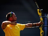Vicktor Ruban of Ukraine competes in the Men's Team Archery finals against Spain during day six of the Baku 2015 European Games at Tofiq Bahramov Stadium on June 18, 2015