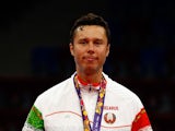 Silver medalist Vladimir Samsonov of Belarus stands on the podium after the Men's Table Tennis Finals during day seven of the Baku 2015 European Games at the Baku Sports Hall on June 19, 2015