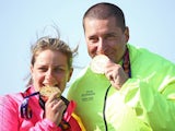 Gold medalists Zuzana Rehak Stefecekova and Erik Varga of Slovakia celebrate with the medals won in the Mixed Team Trap final against Russia during day six of the Baku 2015 European Games at the Baku Shooting Centre on June 18, 2015
