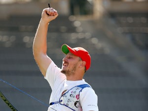 Anton Prilepov of Belarus celebrates winning the bronze medal in the Men's Individual finals during day ten of the Baku 2015 European Games at the Tofiq Bahramov Stadium on June 22, 2015