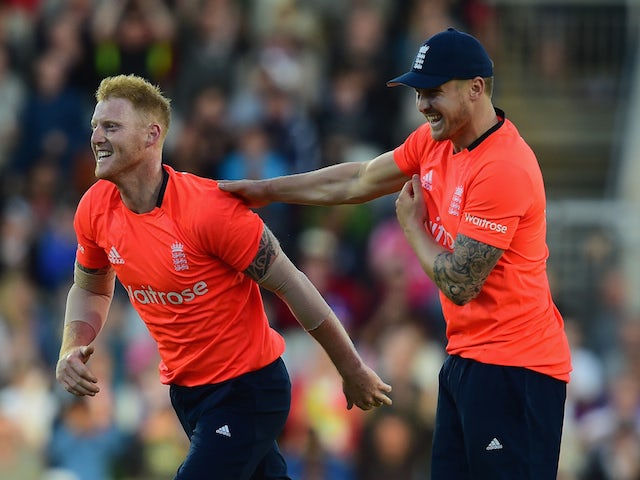 Ben Stokes of England celebrates after taking a wicket during the NatWest International Twenty20 match between England and New Zealand at Old Trafford on June 23, 2015