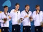 Cameron Kurle, Daniel Speers, Martyn Walton and Duncan Scott celebrate winning gold for Team GB in the men's 4x100m freestyle at the European Games on June 23, 2015