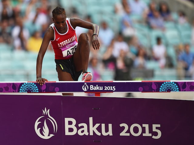 Chaltu Beji of Azerbaiajn clears the water jump during the Women's 3000 metres steeplechase on day nine of the Baku 2015 European Games at the Olympic Stadium on June 21, 2015