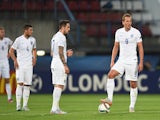 Danny Ings and Harry Kane look dejected after Italy score to make it 2-0 during the UEFA Under21 European Championship match between England and Italy at Andruv Stadium on June 24, 2015