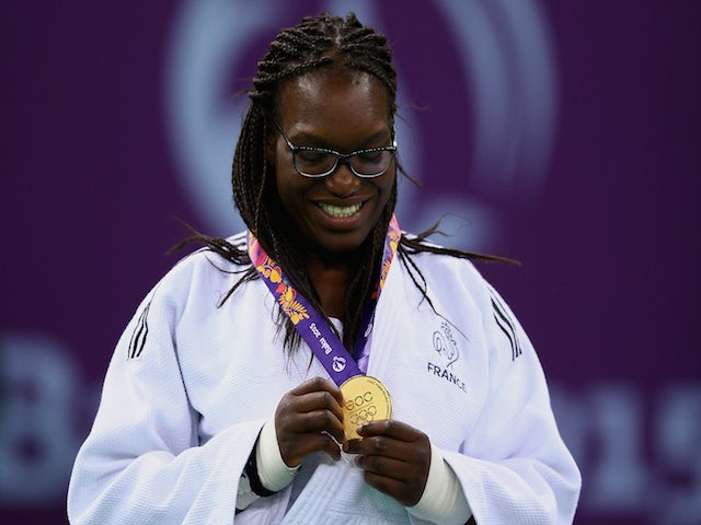 Gold medalist Emilie Andeol of France stands on the podium during the medal ceremony for the Women's Judo +78kg on day fifteen of the Baku 2015 European Games at Heydar Aliyev Arena on June 27, 2015 