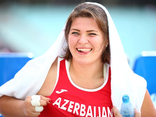 Hanna Skydan of Azerbaijan smiles during the Women's Hammer Throw on day ten of the Baku 2015 European Games at the Olympic Stadium on June 22, 2015