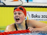 Team GB swimmer Holly Hibbott celebrates winning the women's 800m freestyle at the European Games on June 23, 2015