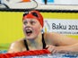 Team GB swimmer Holly Hibbott celebrates winning the women's 800m freestyle at the European Games on June 23, 2015