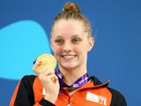 Gold medalist Marrit Steenbergen of the Netherlands celebrates during the medal ceremony for the Women's 100m Freestyle final during day twelve of the Baku 2015 European Games at the Baku Aquatics Centre on June 24, 2015