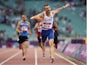Martin Kucera of Slovakia crosses the line to win the Men's 4x400 metres relay during day ten of the Baku 2015 European Games at the Olympic Stadium on June 22, 2015