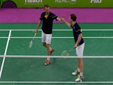 Mathias Boe (R)and Carsten Mogensen of Denmark celebrate during the Men's Badminton Doubles final against Vladimir Ivanov and Ivan Sozonov of Russia on day fifteen of the Baku 2015 European Games at at Baku Sports Hall on June 27, 2015
