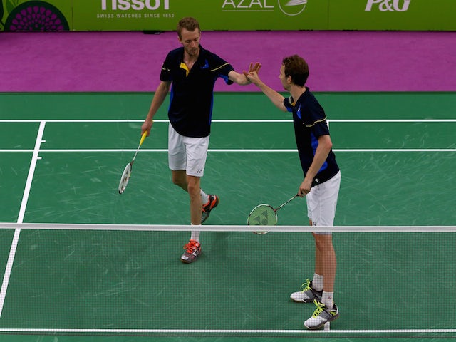 Mathias Boe (R)and Carsten Mogensen of Denmark celebrate during the Men's Badminton Doubles final against Vladimir Ivanov and Ivan Sozonov of Russia on day fifteen of the Baku 2015 European Games at at Baku Sports Hall on June 27, 2015
